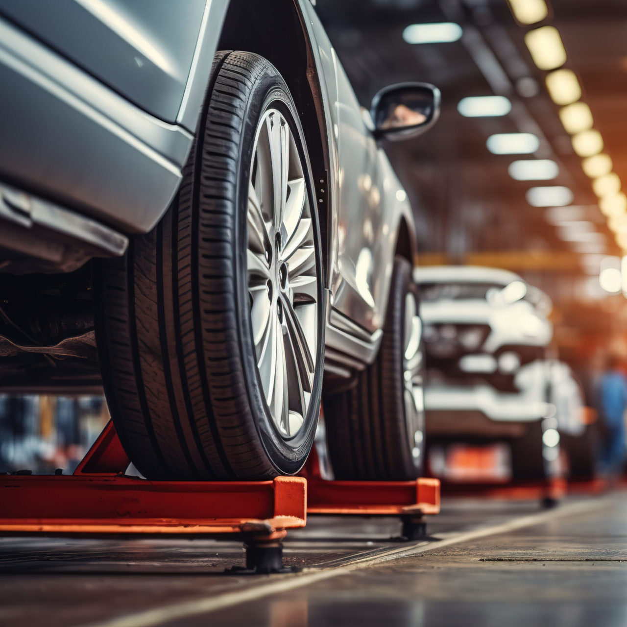 Car on lift in auto repair service. Auto service industry. Auto service